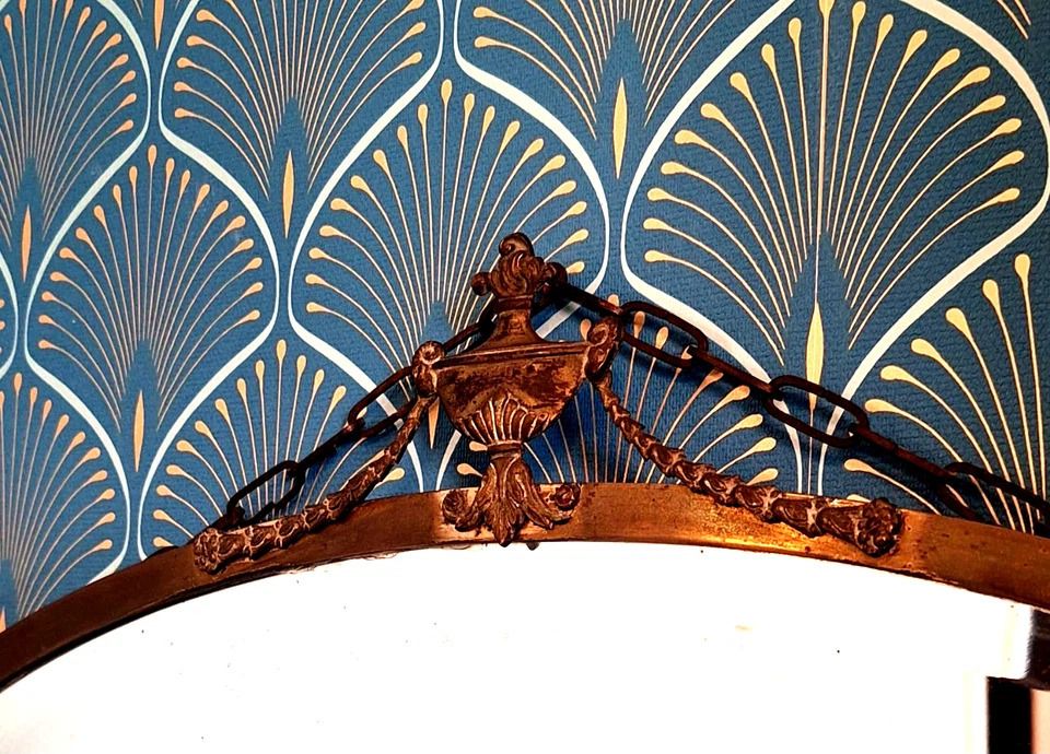Original Rare Arts And Crafts Gilt Brass Framed Bevelled Edge Oval Wall Mirror photo Home Decor
