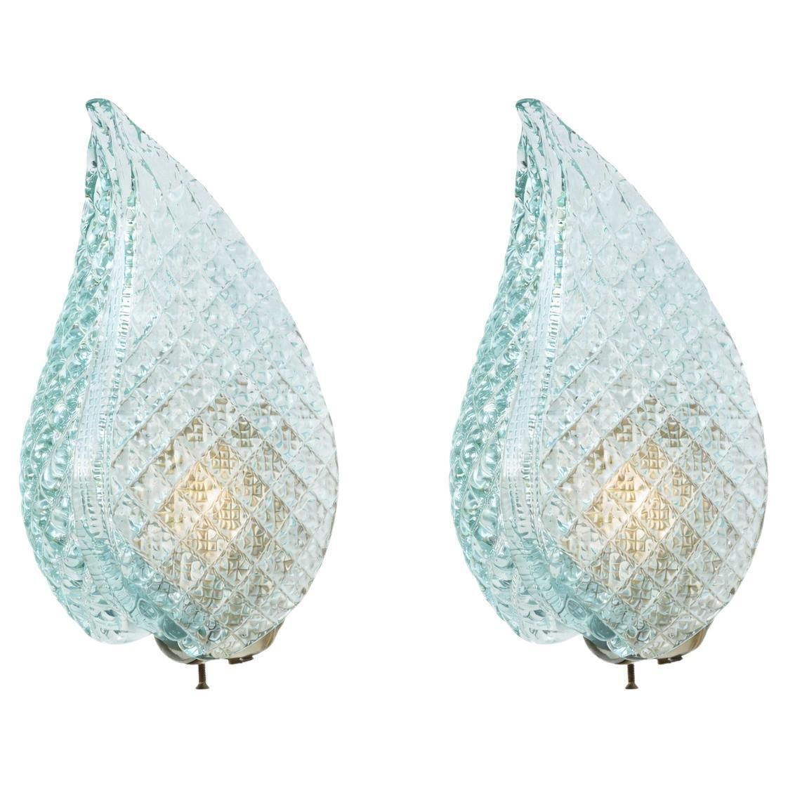 Set Of 2 Rare Wall Light Blue Jewel Murano Glass Leave By Barovier E Toso, 1950s