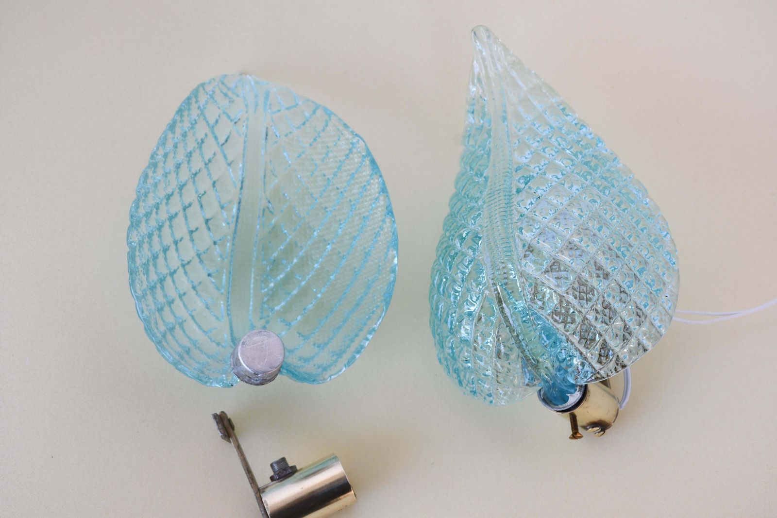 Lighting Set Of 2 Rare Wall Light Blue Jewel Murano Glass Leave By Barovier E Toso, 1950s photo