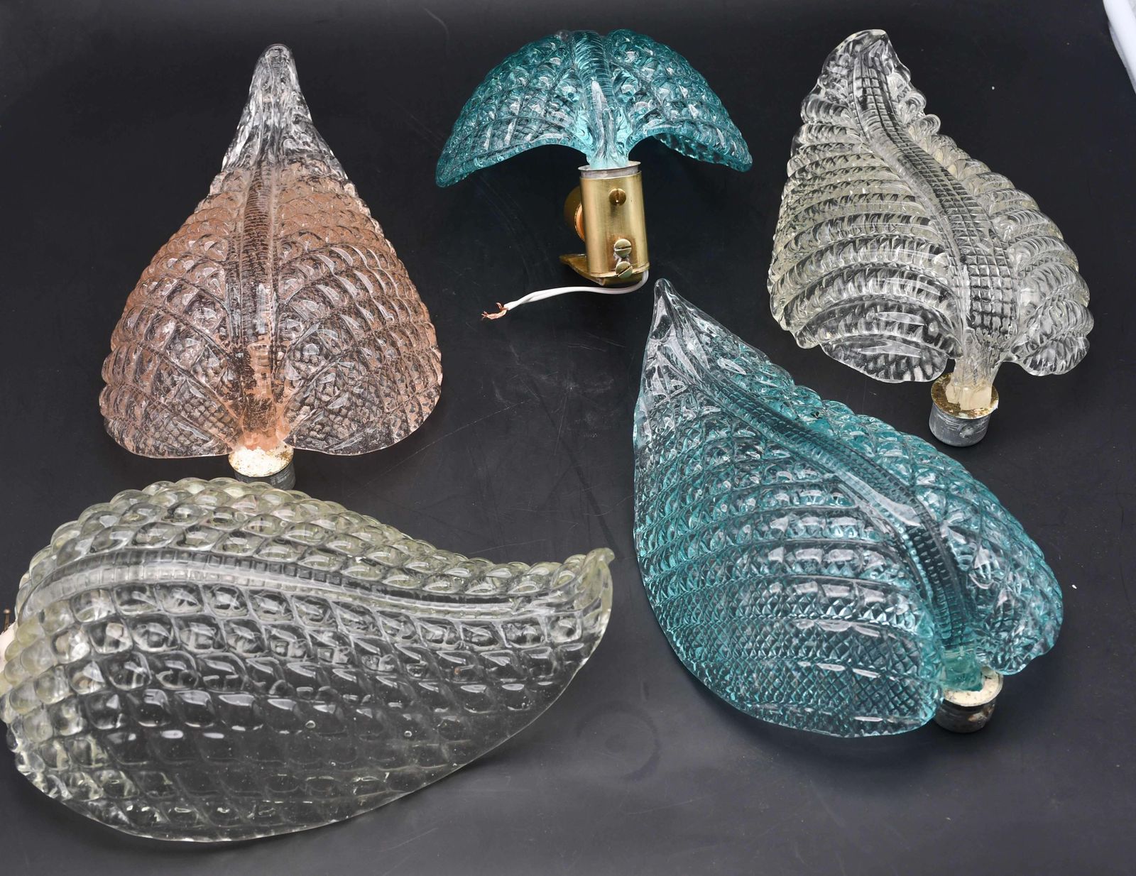 3714.0 Set Of 2 Rare Wall Light Blue Jewel Murano Glass Leave By Barovier E Toso, 1950s photo