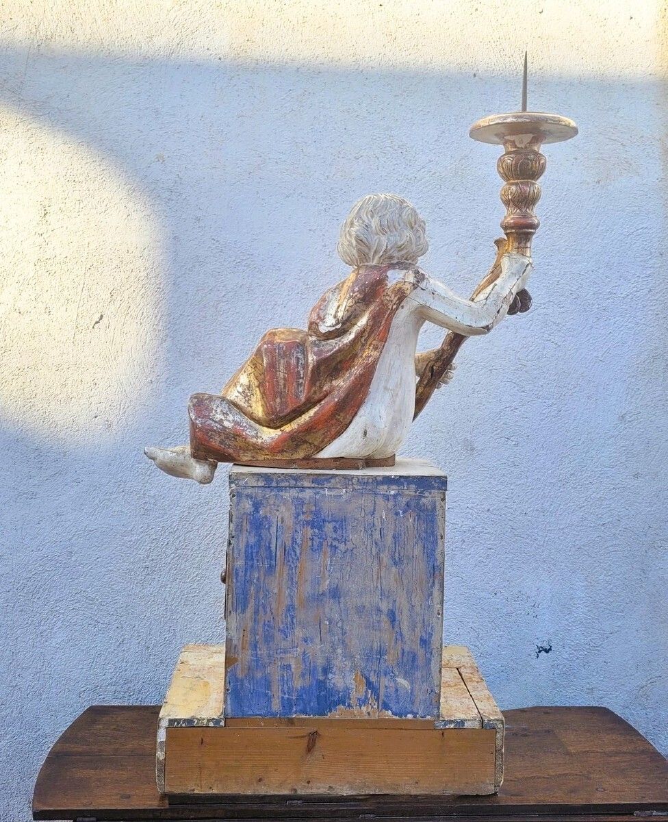 Putto Torch Holder In Lacquered And Gilded Wood, H158cm, Italy Late 17th/Early 18th Century photo vintage