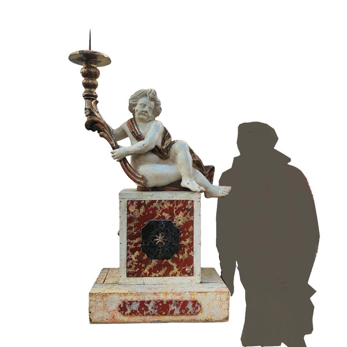 1900.0 Putto Torch Holder In Lacquered And Gilded Wood, H158cm, Italy Late 17th/Early 18th Century photo