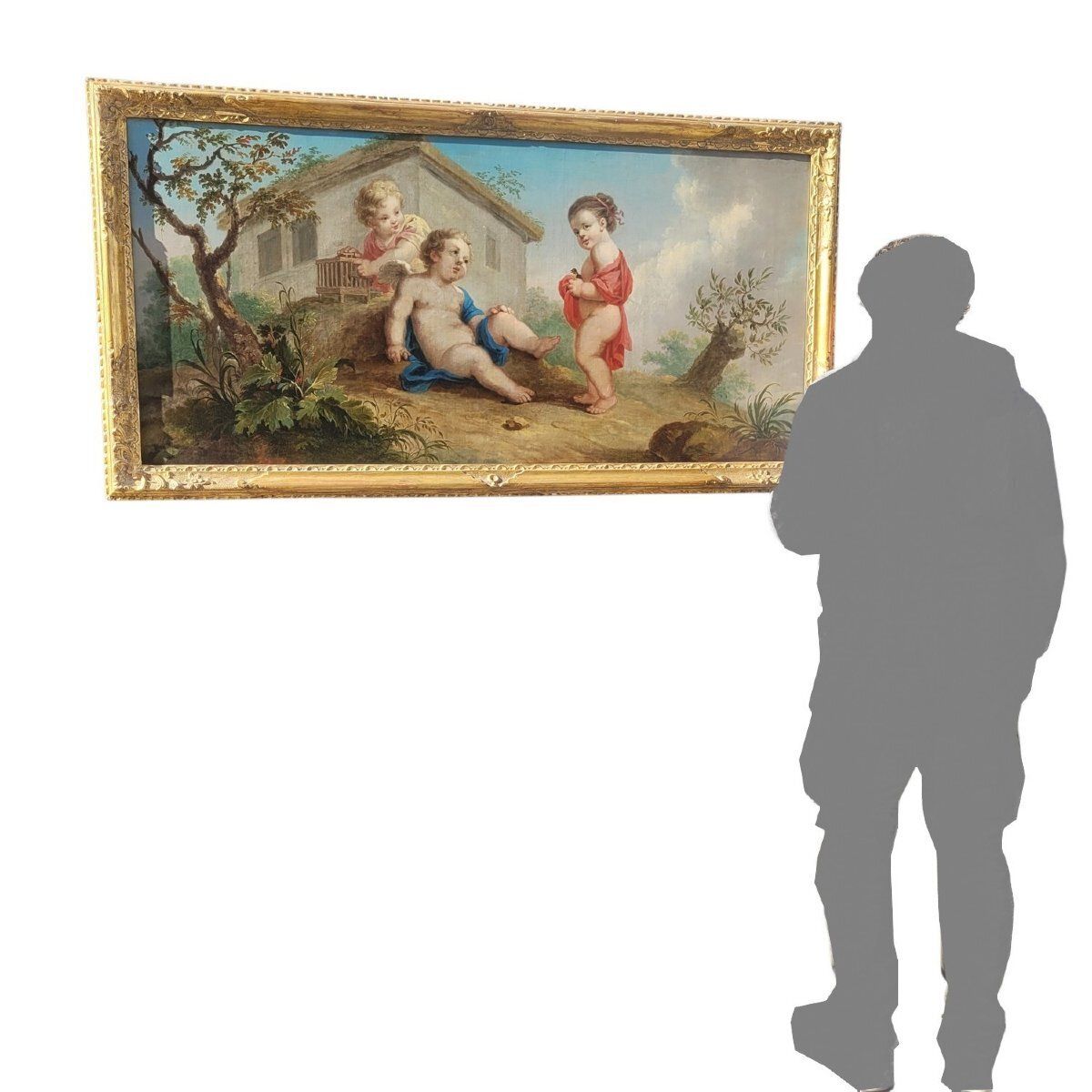 Oil On Canvas, 152 X 88 Cm, Putti Playing With Birds, Early 19th Century photo for sale