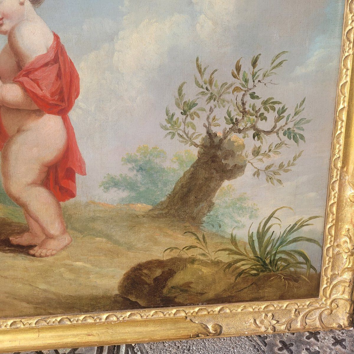 Oil On Canvas, 152 X 88 Cm, Putti Playing With Birds, Early 19th Century photo vintage