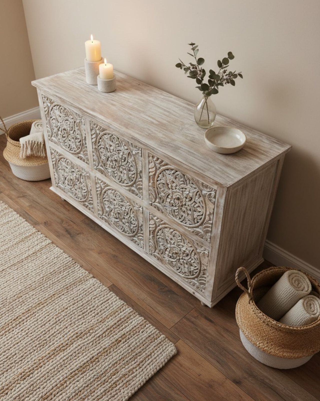 Six Drawer Mango Wood Chest Of Drawers – Creamwashed Floral Carving photo for sale