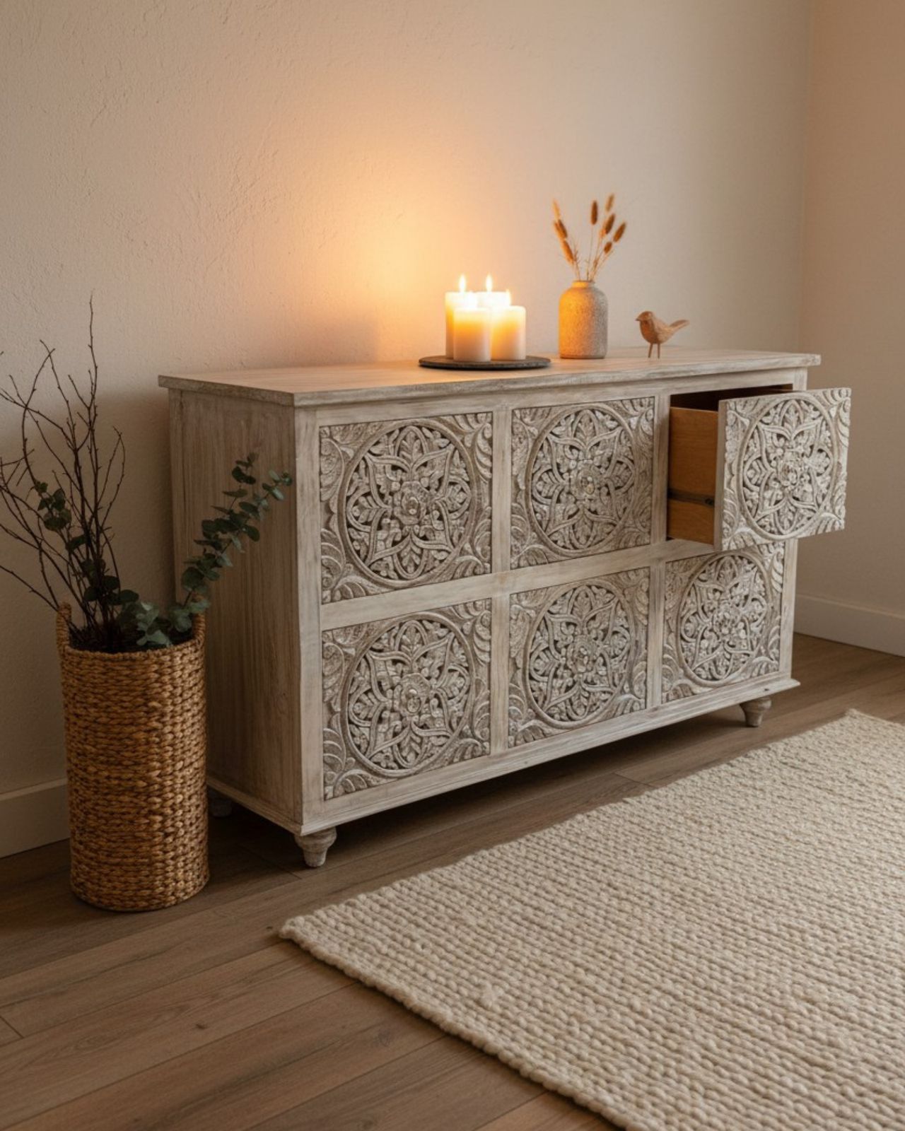 Six Drawer Mango Wood Chest Of Drawers – Creamwashed Floral Carving photo Furniture