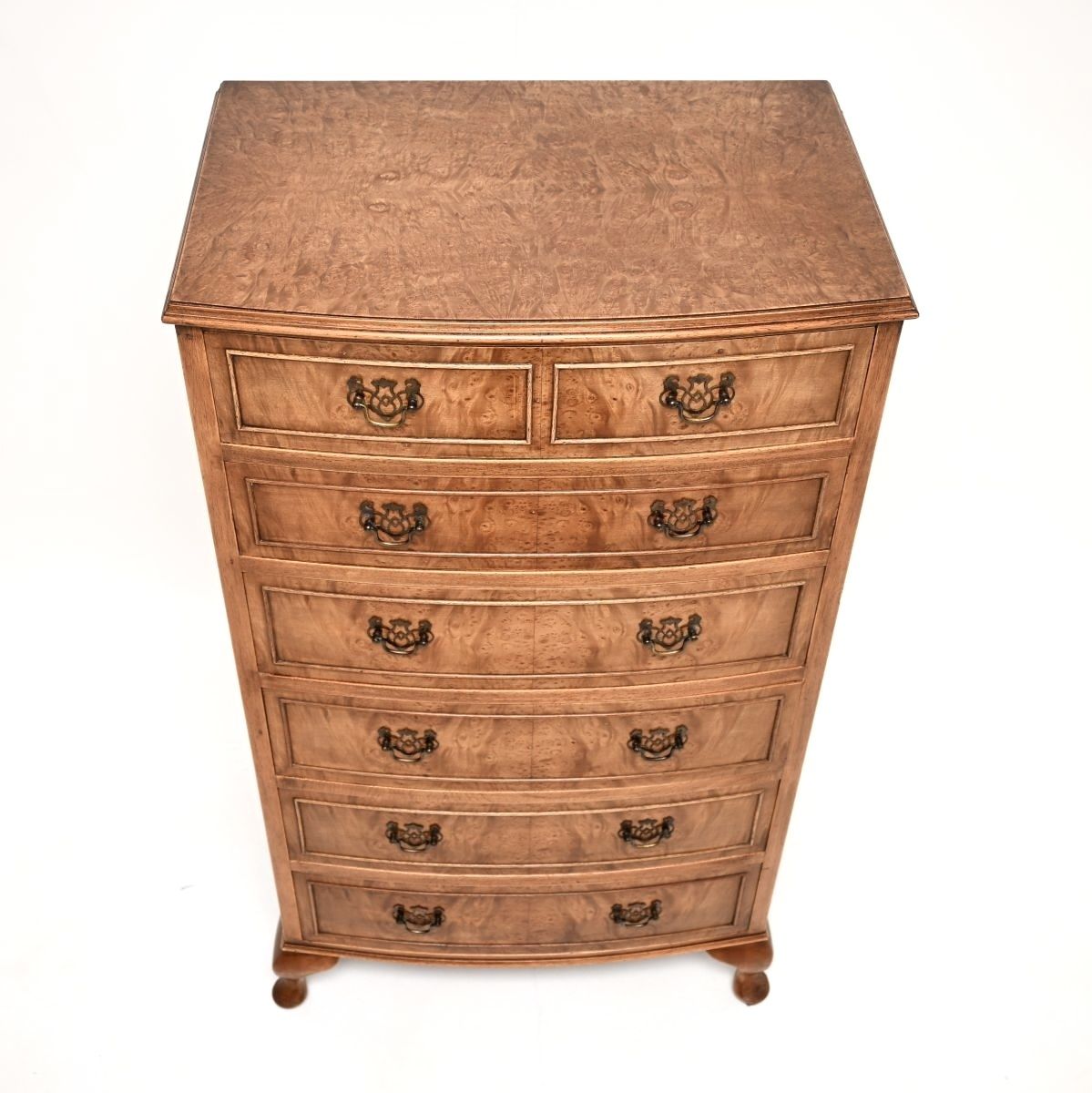 Antique Bow Front Burr Walnut Chest Of Drawers photo for sale