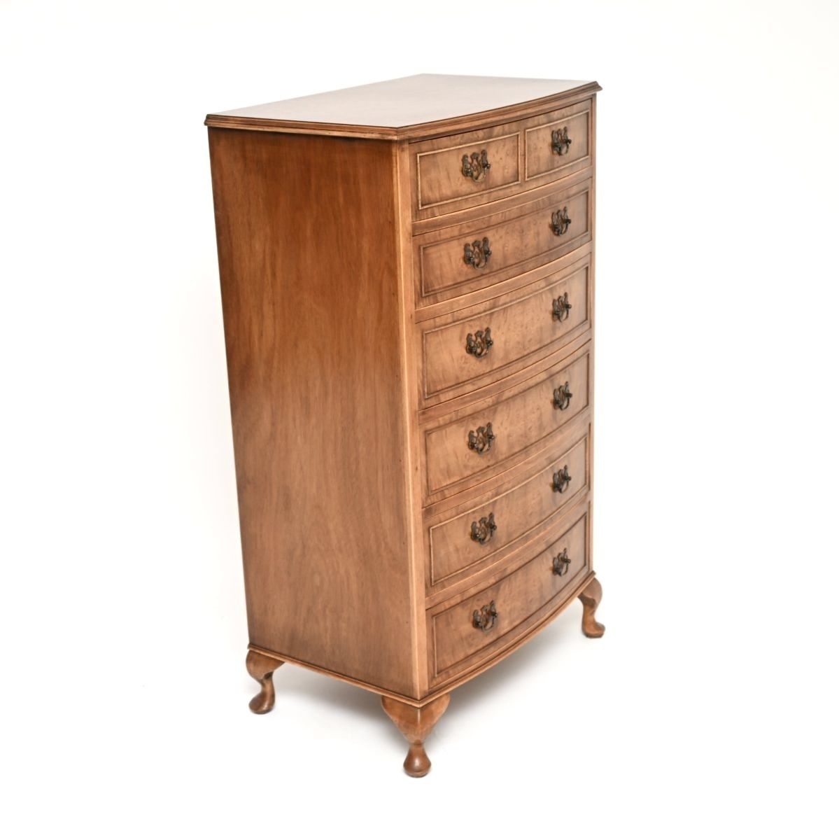 photo for sale Antique Bow Front Burr Walnut Chest Of Drawers