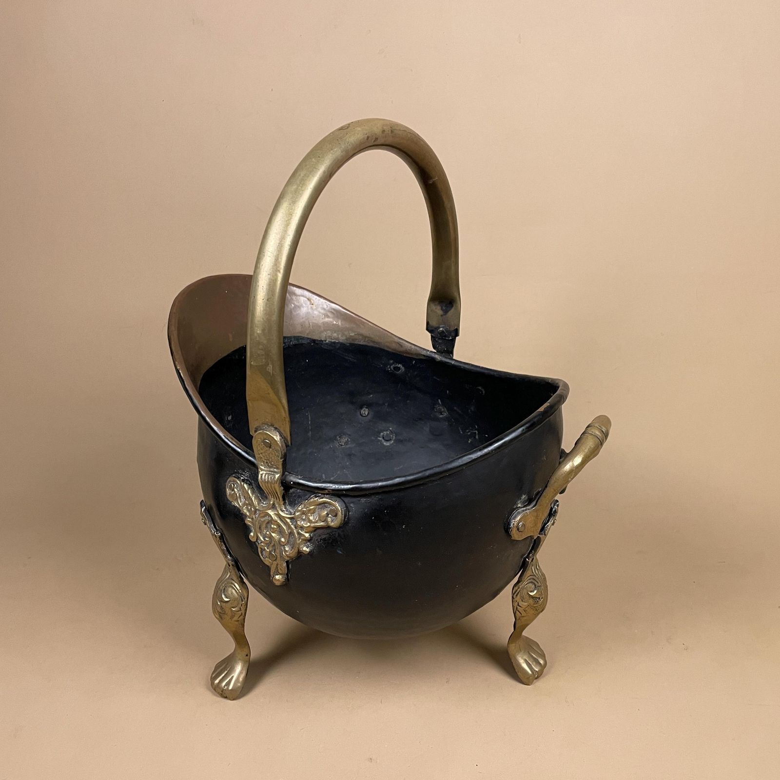 Antique Metal Gold Brass Black Coal Bucket Handle Fireside Fire Side Scuttle Log Helmet Farmhouse Cottage Vintage Fireplace 3 Ornate Feet photo for sale