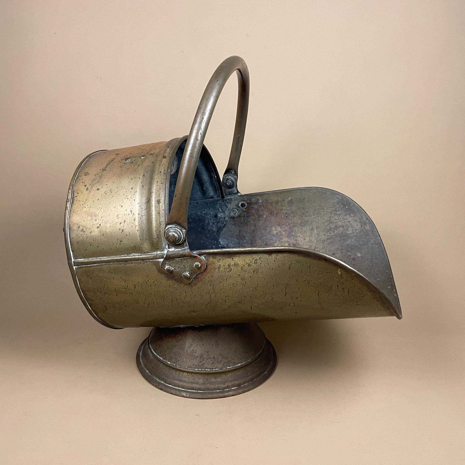 Antique Metal Gold Brass Coal Bucket Handle Fireside Fire Side Scuttle Log Helmet Farmhouse Cottage Aged Patina Vintage Fireplace Logs Heavy photo for sale