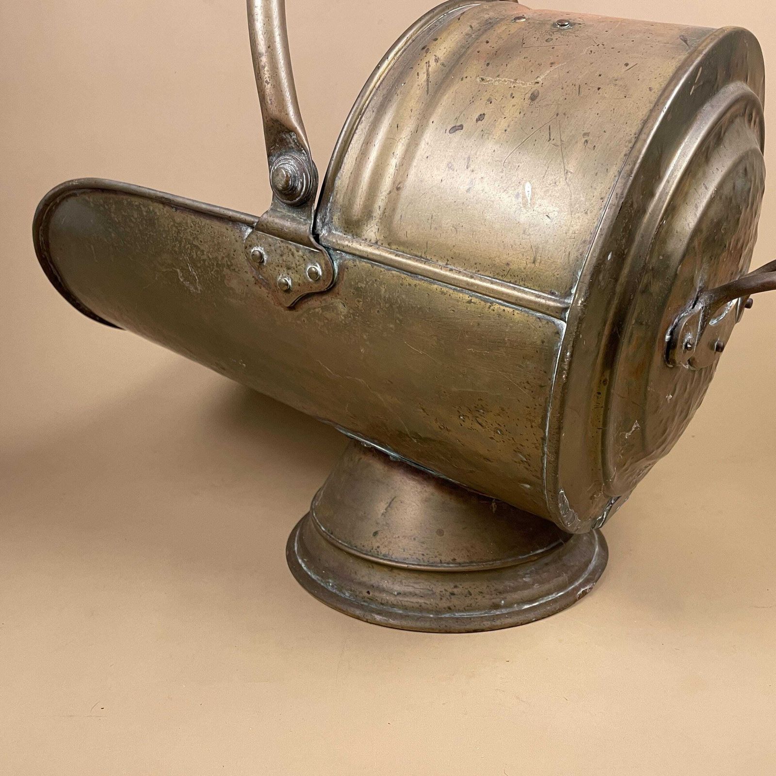 Antique Metal Gold Brass Coal Bucket Handle Fireside Fire Side Scuttle Log Helmet Farmhouse Cottage Aged Patina Vintage Fireplace Logs Heavy photo buy