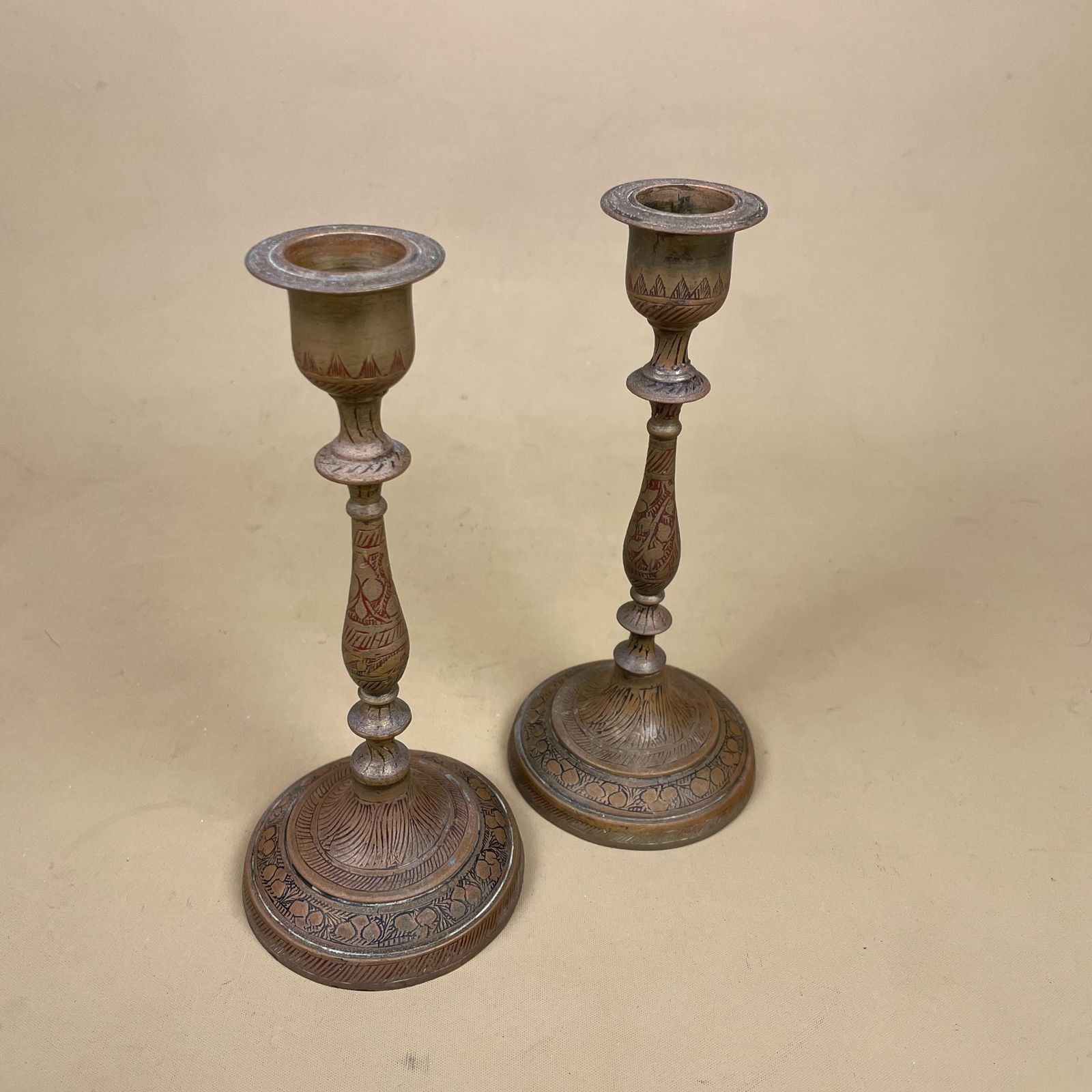 Antique Matching Pair Of Gold Brass Metal Candlestick Candle Stick Holders Holder Vintage Round Taper Dinner Candlesticks Engraved Indian photo for sale