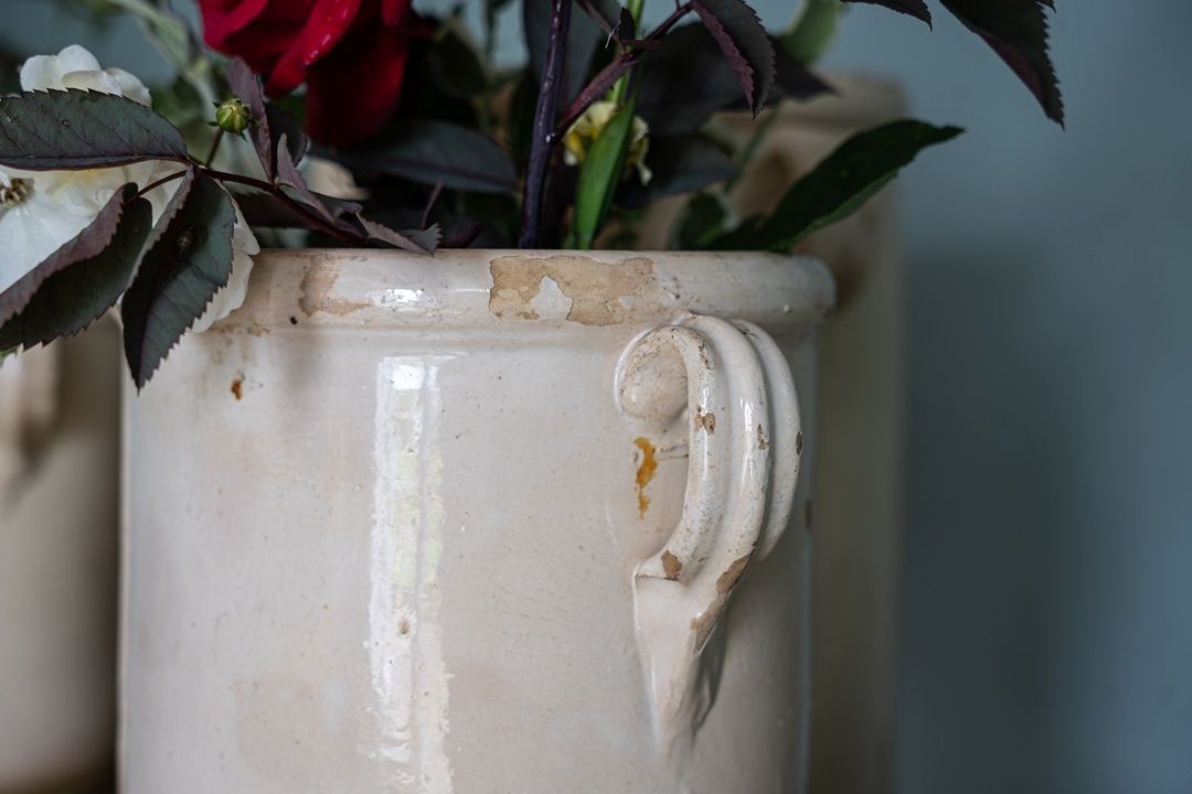 Trio 19th Century Large Italian Cream Glazed Pots photo for sale