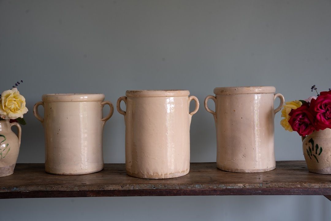 Trio 19th Century Large Italian Cream Glazed Pots photo vintage
