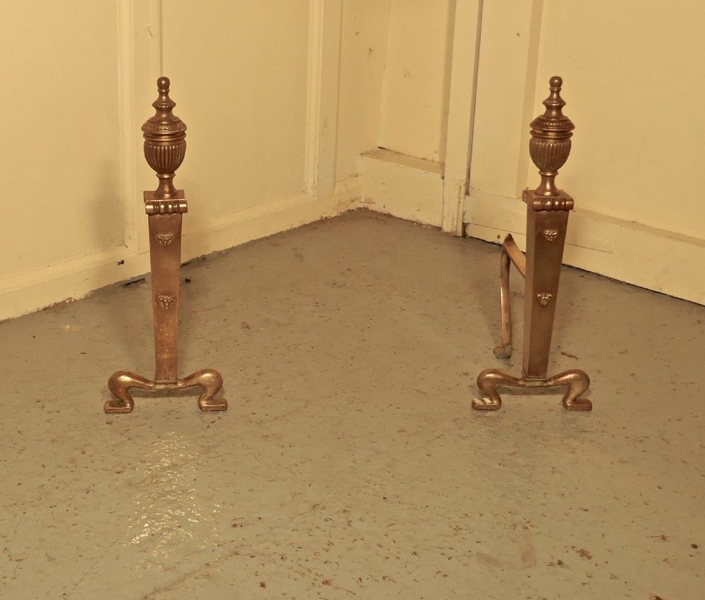 An Elegant Pair Of 19th Century Brass Andirons Or Fire Dogs photo for sale