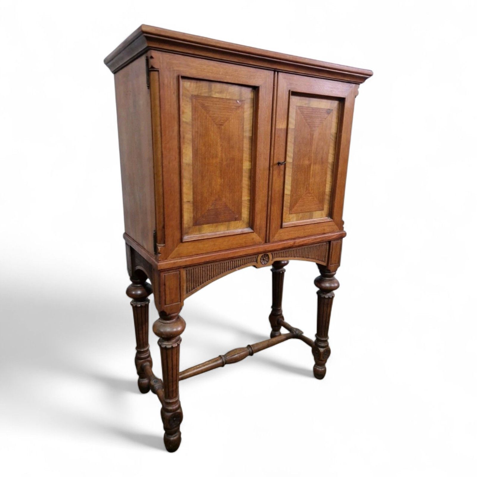 Antique Continental Side Cabinet / Lnlaid + Carved Double Door Cupboard On Stand