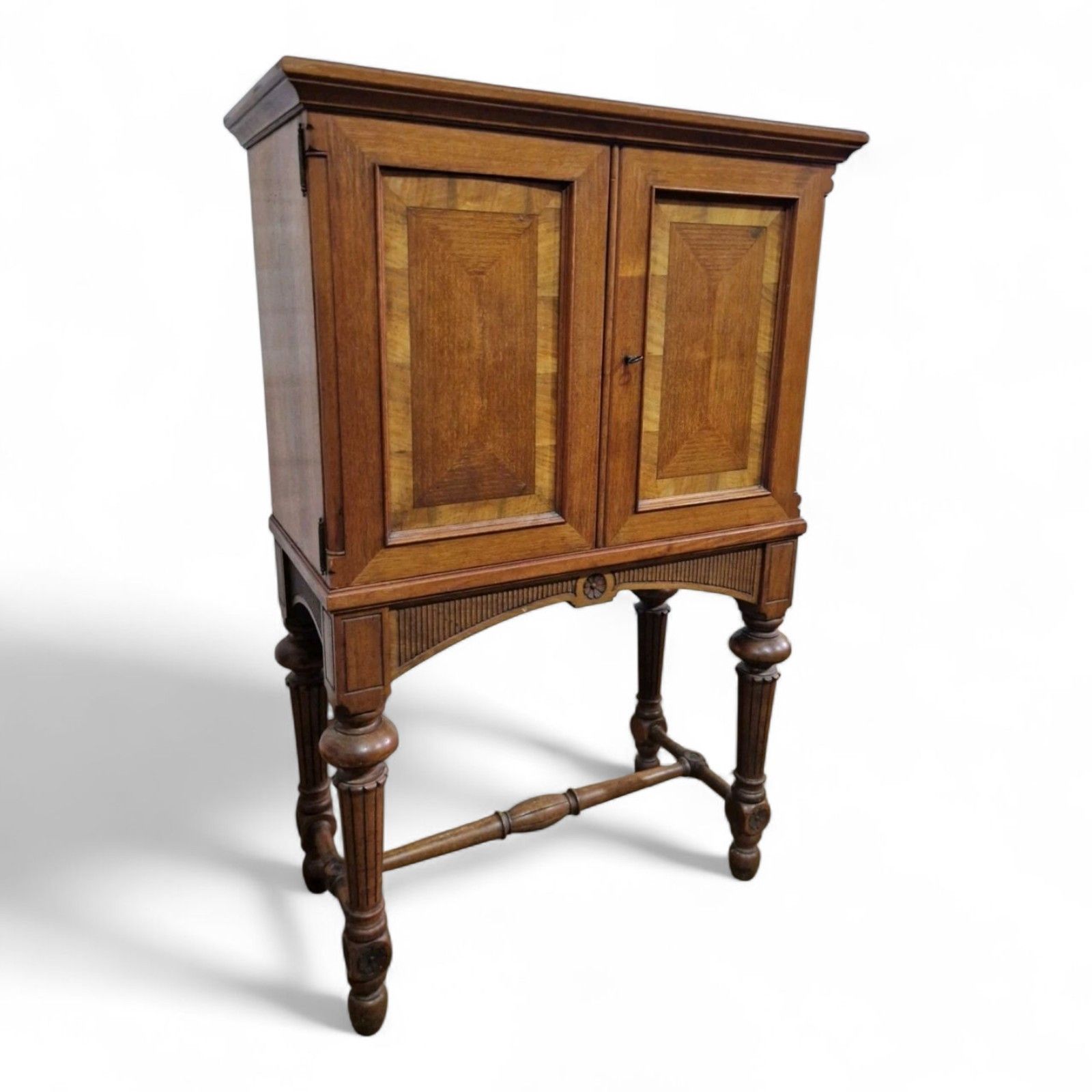 Antique Continental Side Cabinet / Lnlaid + Carved Double Door Cupboard On Stand photo vinterior