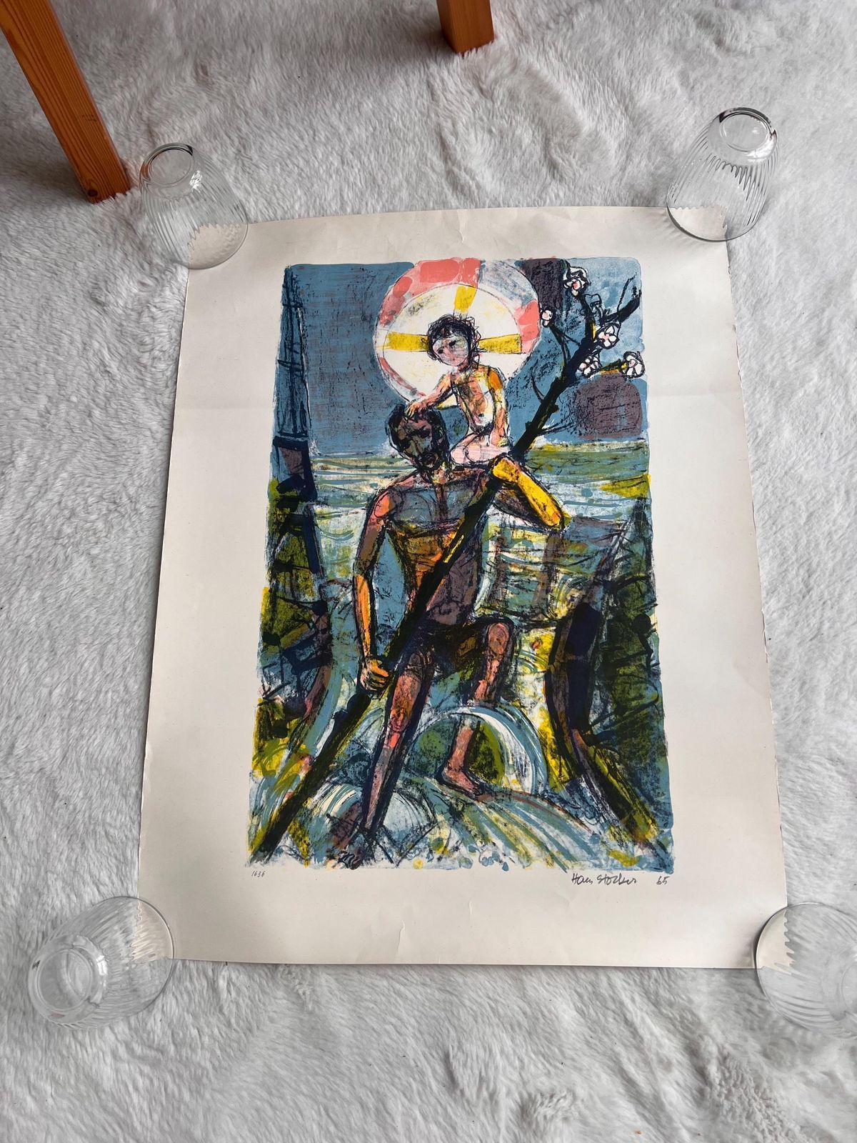 Hans Stocker "Saint Christopher" Original 1965 Lithograph – Signed & Numbered Swiss Modernist Art photo vintage