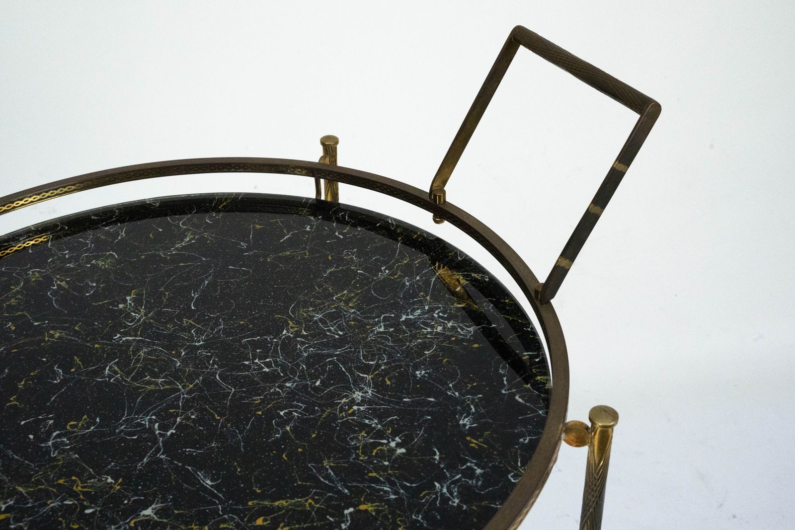 Round Mid Century Brass And Marble Effect Glass Bar Cart. Italy 1950s photo vinterior