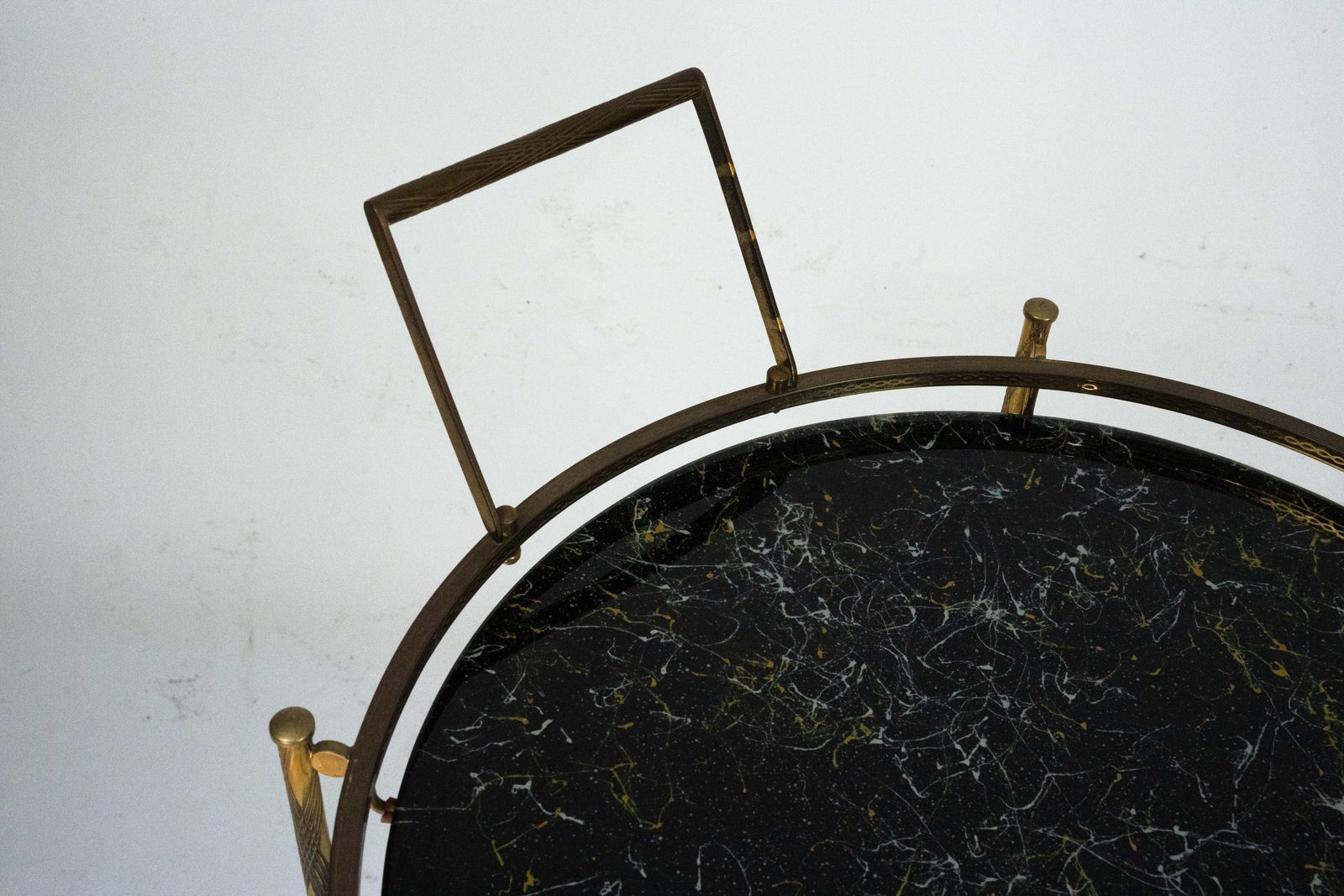 photo for sale Round Mid Century Brass And Marble Effect Glass Bar Cart. Italy 1950s