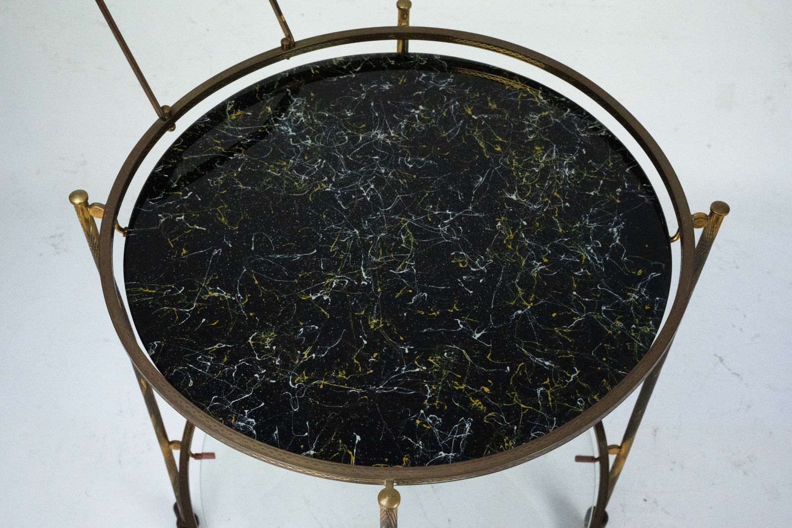 Furniture Round Mid Century Brass And Marble Effect Glass Bar Cart. Italy 1950s photo