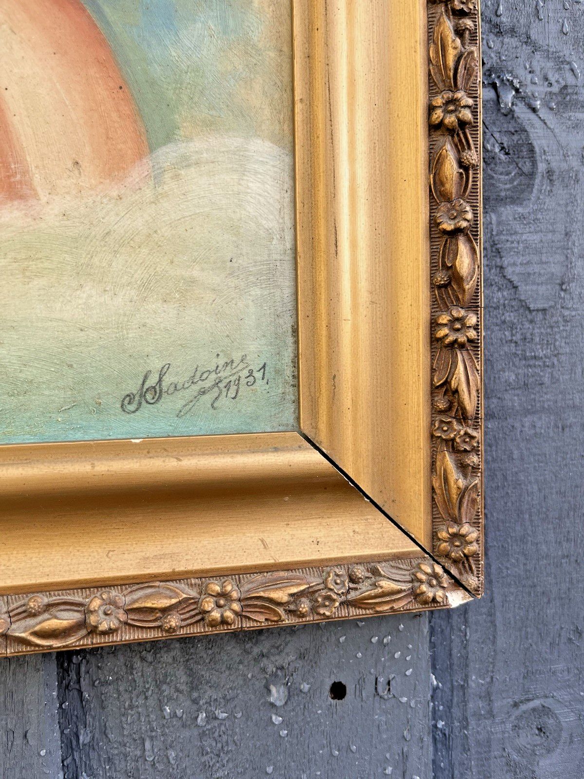 Antique C1937 French Comical Angry Crying Baby Portrait Painting Oil Gouache photo for sale