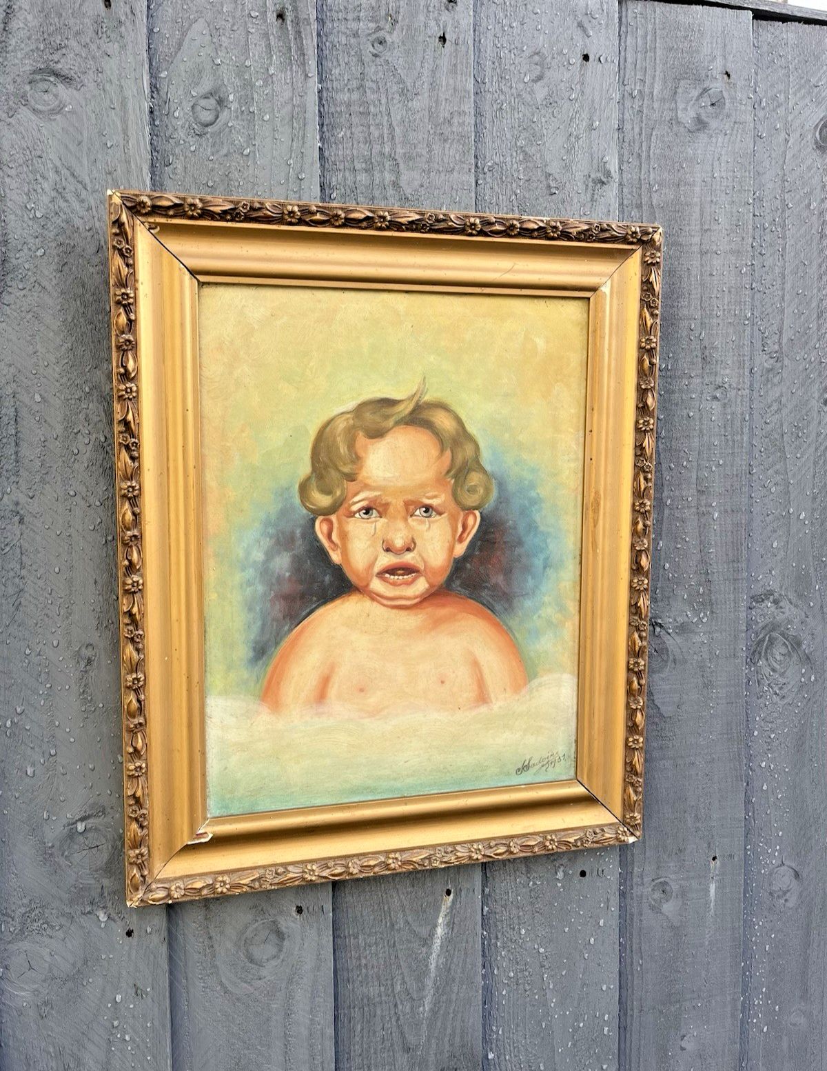 Antique C1937 French Comical Angry Crying Baby Portrait Painting Oil Gouache photo 395.0