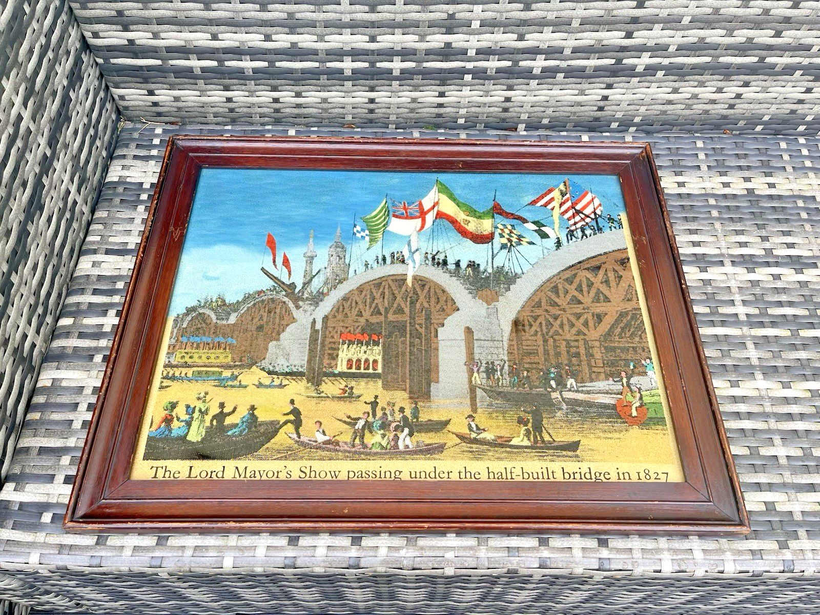Large Framed Antique Lord Mayors Show Old New London Bridge Print Flags Thames photo for sale