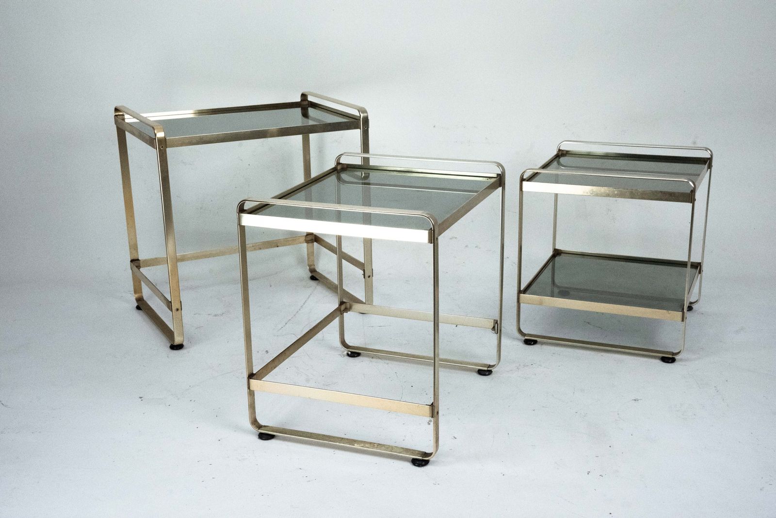 Set Of Three Nesting Side Tables In Gilded Aluminum And Glass – Italy, 1970s photo 1560.0