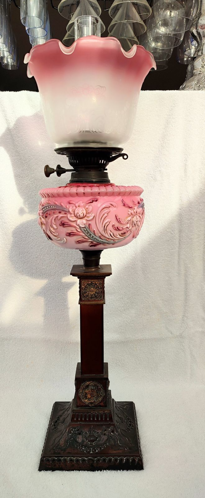 Stunning And Large Mid Victorian Cranberry Glass Oil Lamp, Duplex Wicks