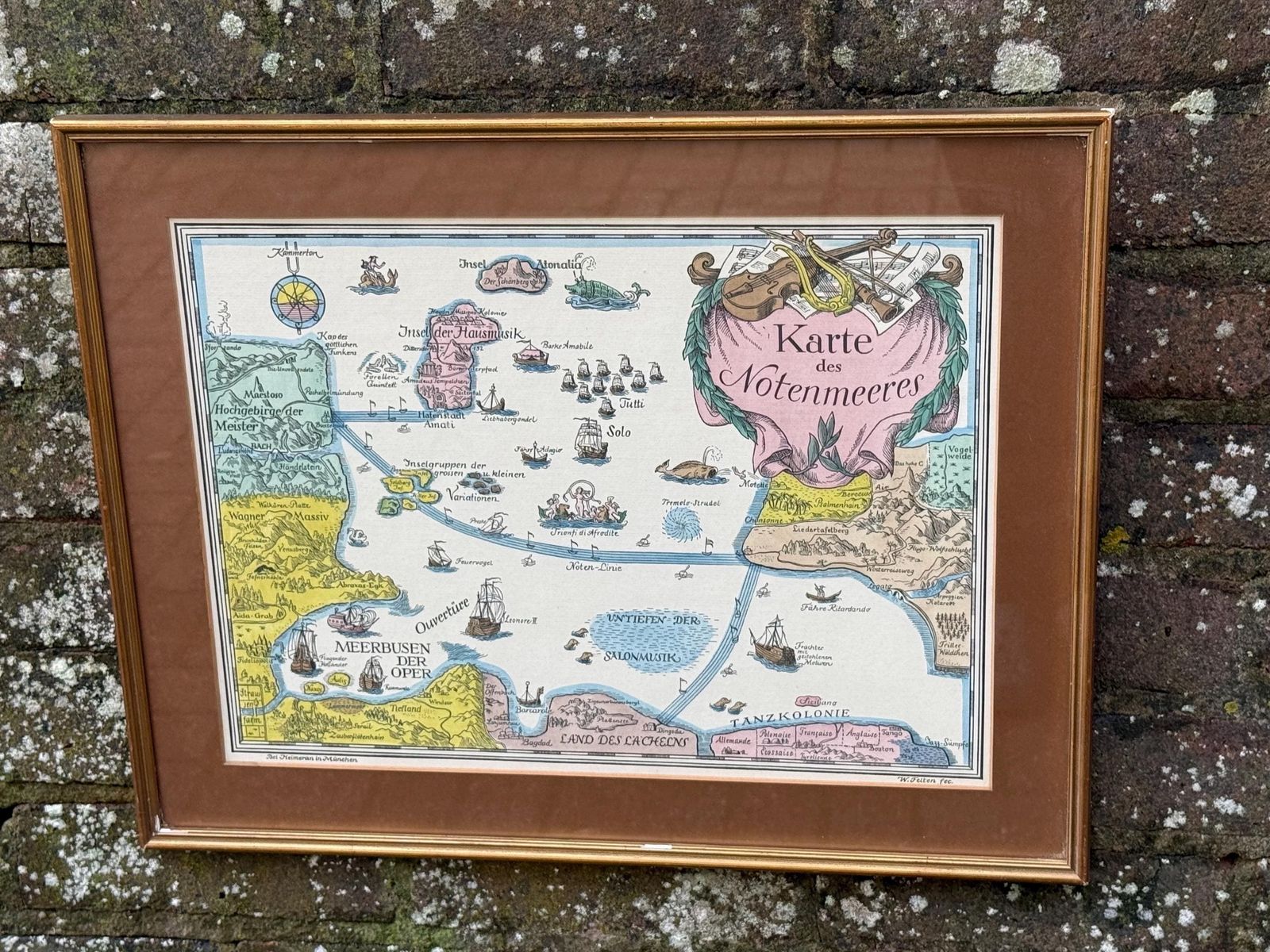 Unusual Vintage Music Map   German Karte Des Notenmeeres Musical Map Framed Print photo furniture