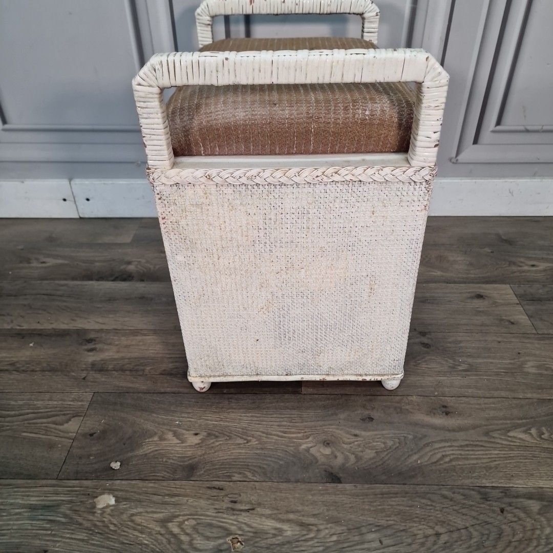 photo buy Vintage Laundry Basket Storage Seat Lloyd Loom Style Painted Retro Stool Mcm