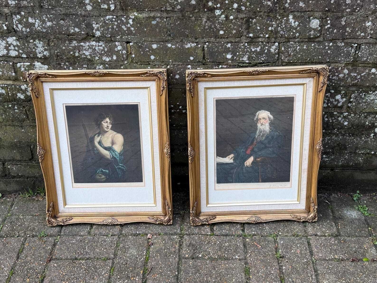 Authentic Retro Pair Of Ornate Gilt Framed Classical Portrait Art Prints photo furniture