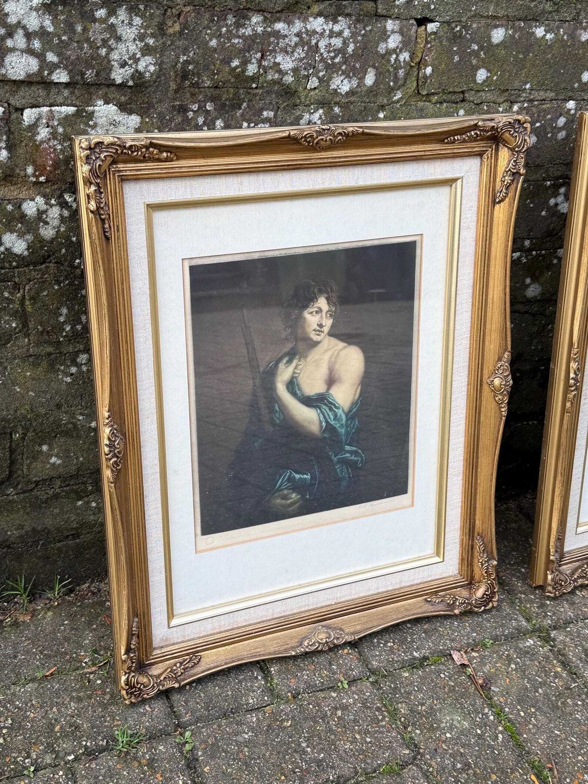 Authentic Retro Pair Of Ornate Gilt Framed Classical Portrait Art Prints photo for sale