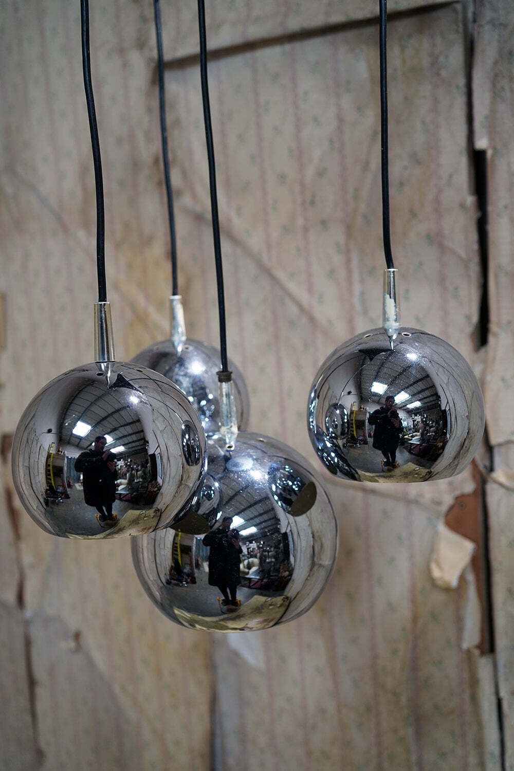 photo for sale An Italian Four Tier Cascade Steel Globe Hanging Lamp C.1980