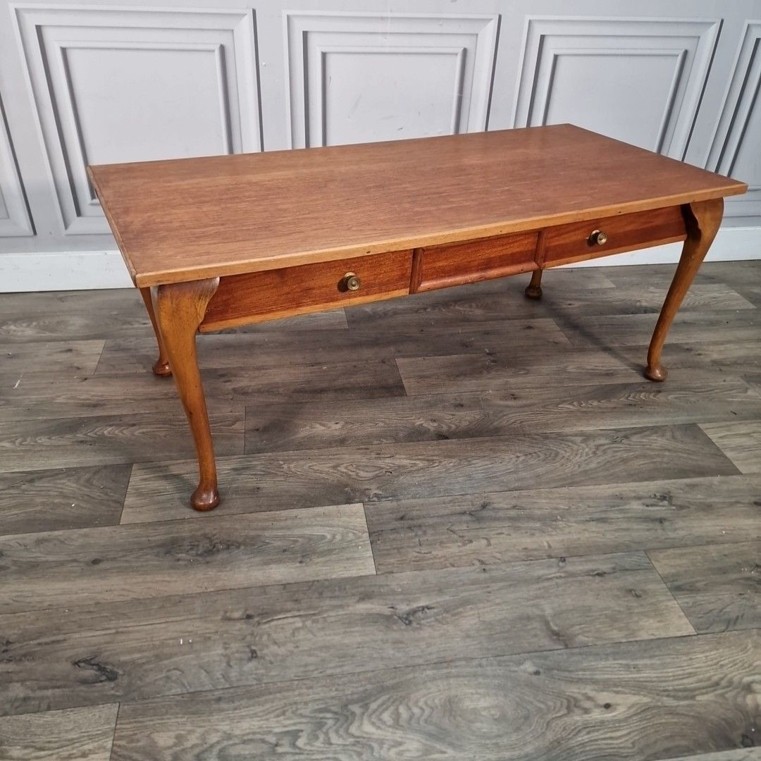 Vintage Wooden Coffee Table With Drawer – Queen Anne Legs – Oak Wood Retro Side photo for sale