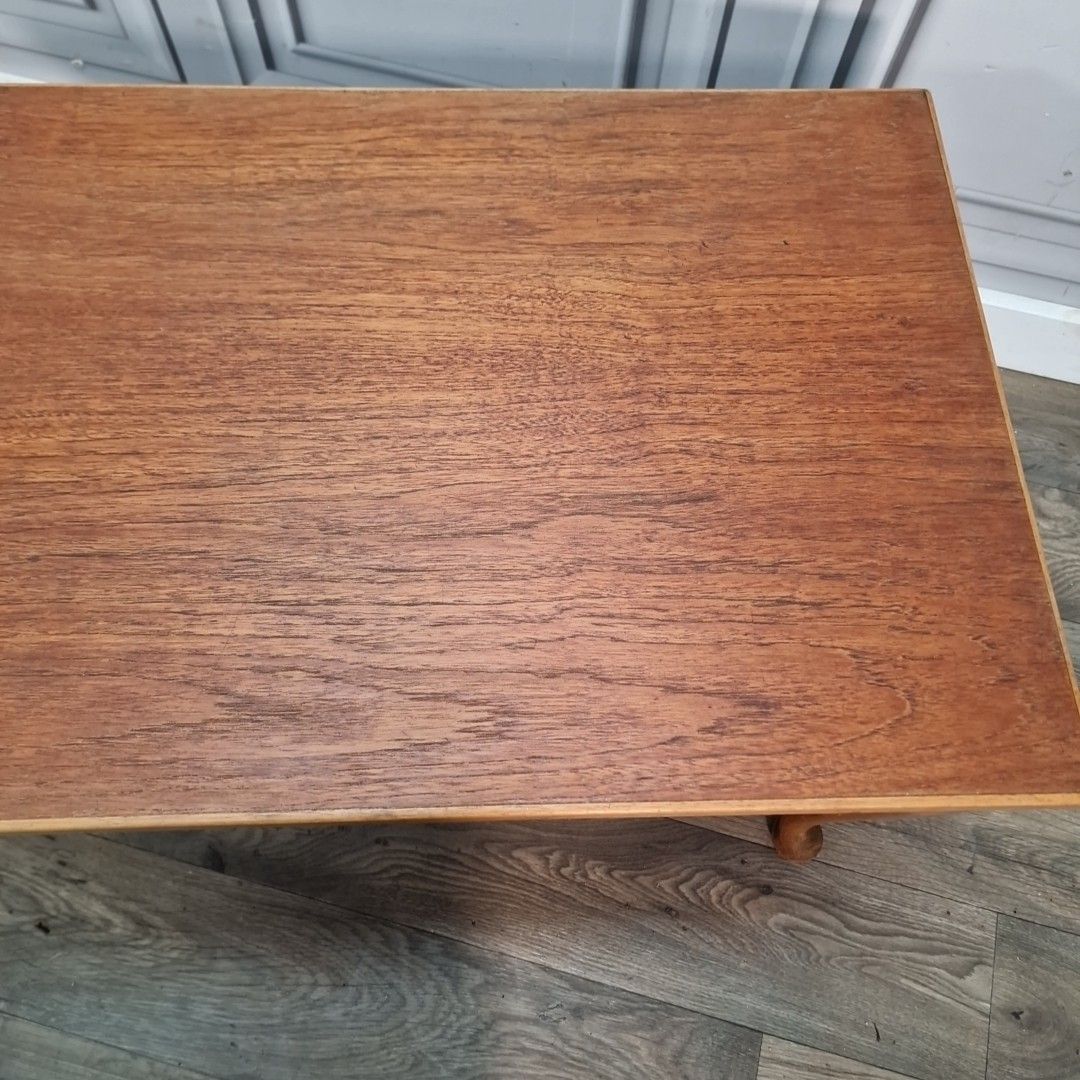 Vintage Wooden Coffee Table With Drawer – Queen Anne Legs – Oak Wood Retro Side photo vinterior