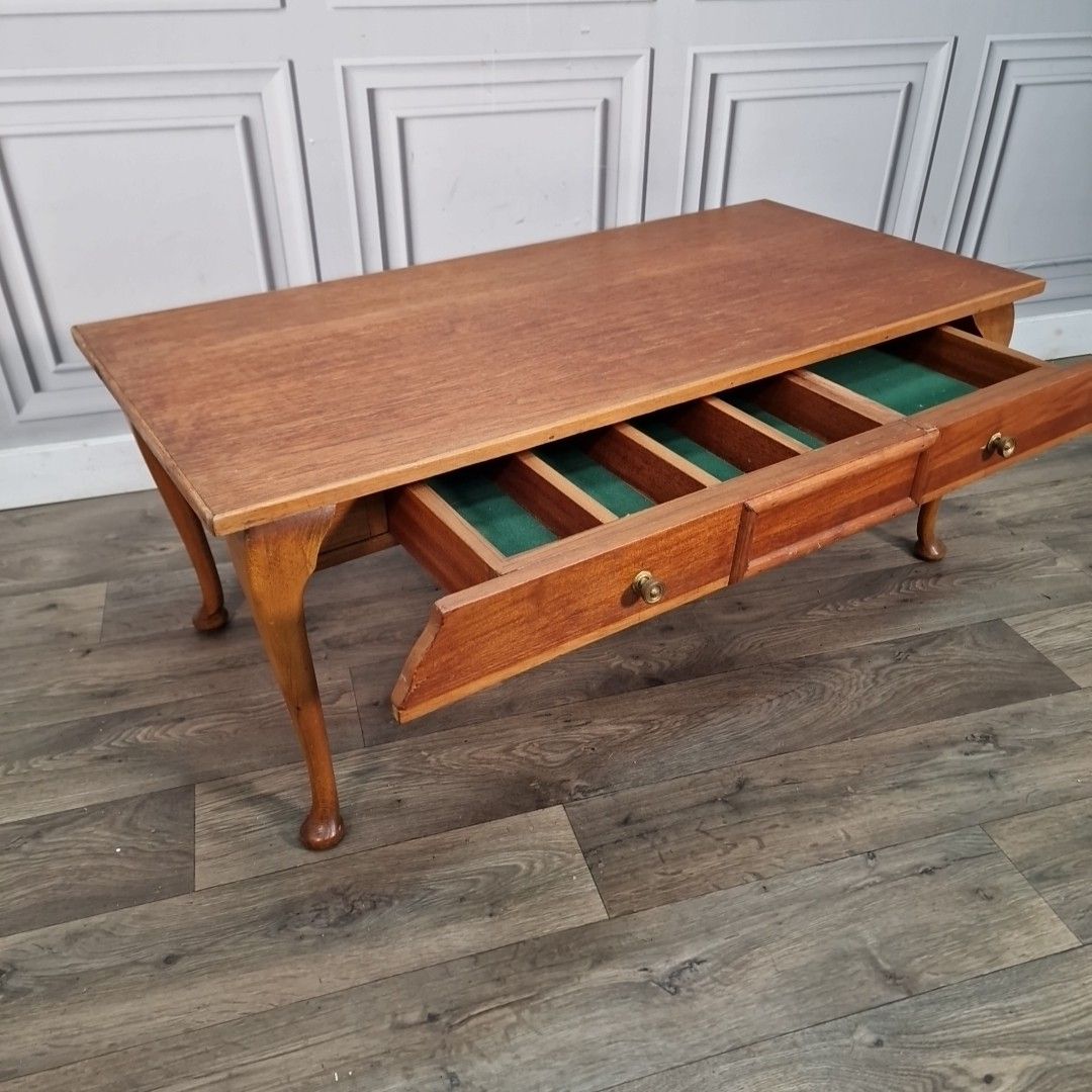 90.0 Vintage Wooden Coffee Table With Drawer – Queen Anne Legs – Oak Wood Retro Side photo