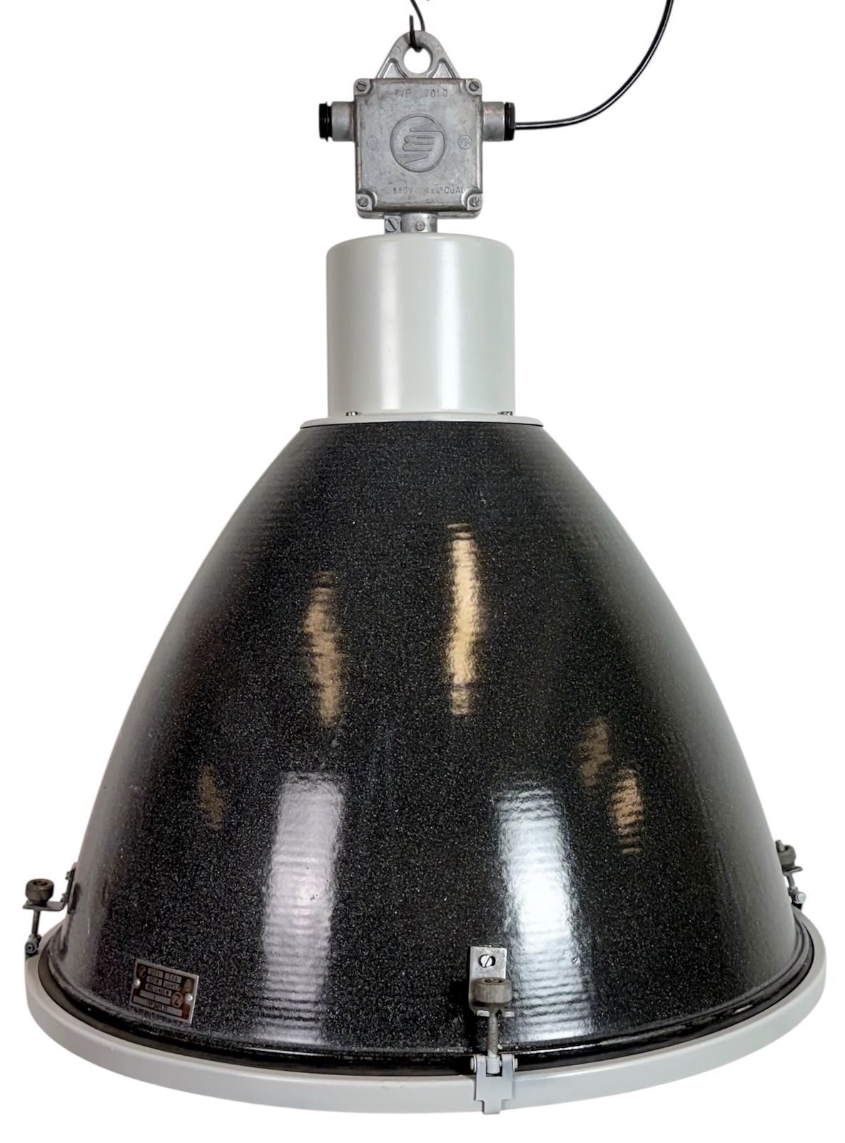 Large Industrial Black Enamel Factory Pendant Lamp With Glass Cover, 1960s, 20x