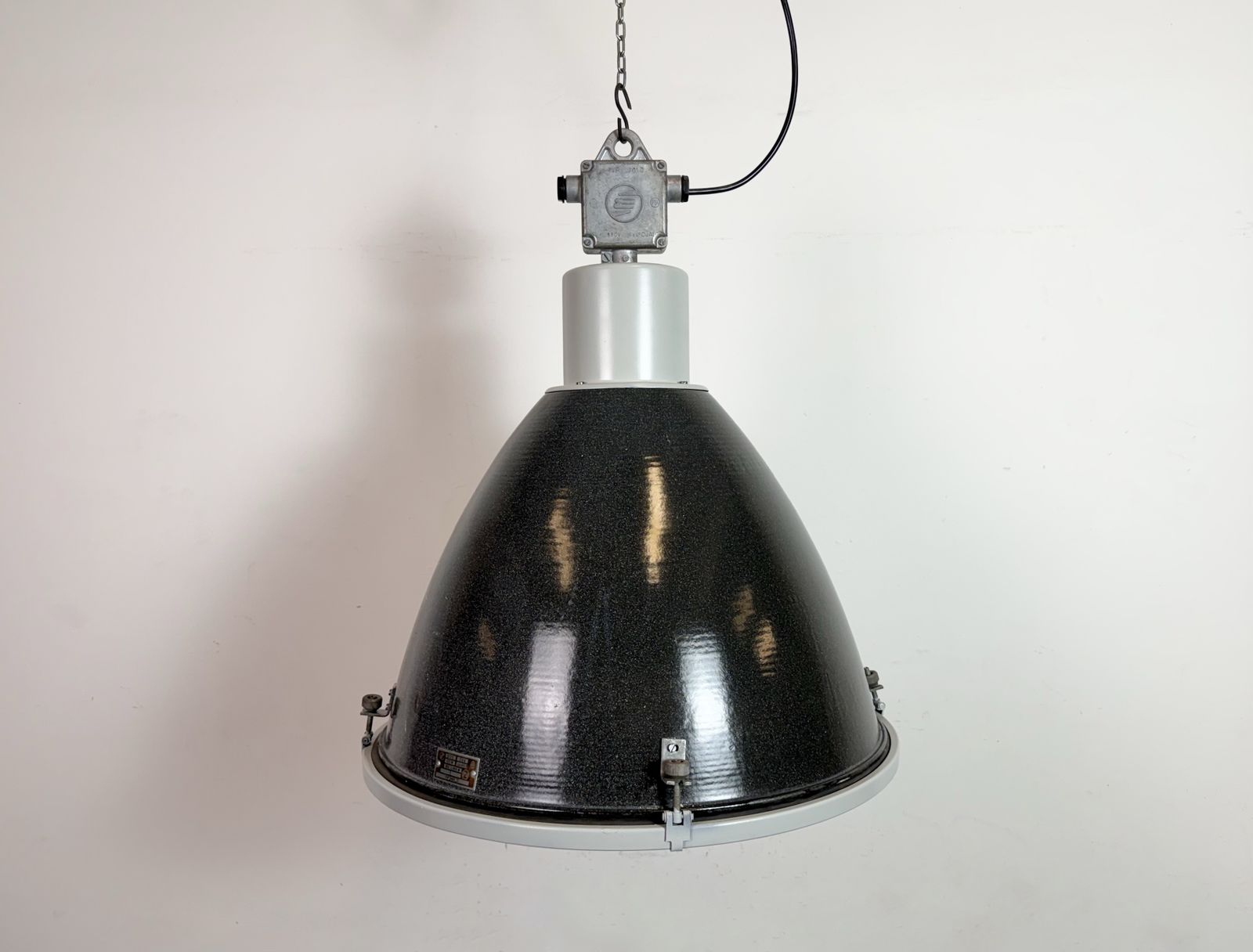Large Industrial Black Enamel Factory Pendant Lamp With Glass Cover, 1960s, 20x photo furniture