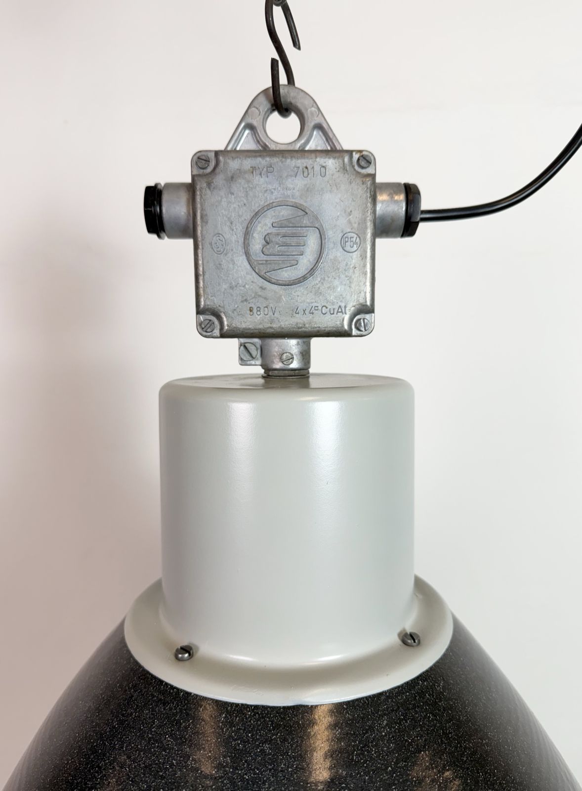 Large Industrial Black Enamel Factory Pendant Lamp With Glass Cover, 1960s, 20x photo Lighting