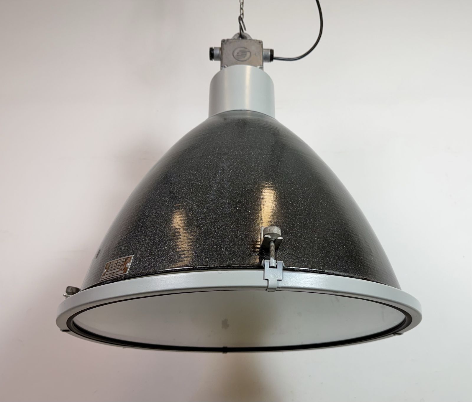 Large Industrial Black Enamel Factory Pendant Lamp With Glass Cover, 1960s, 20x photo buy