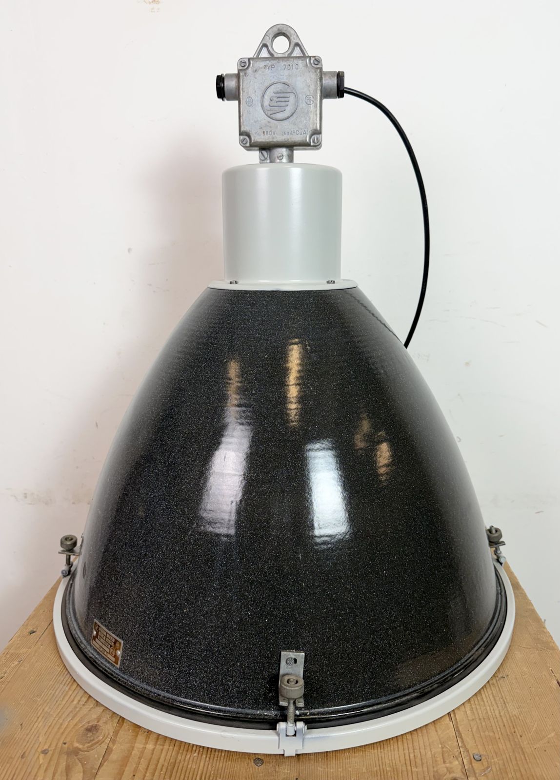 Lighting Large Industrial Black Enamel Factory Pendant Lamp With Glass Cover, 1960s, 20x photo