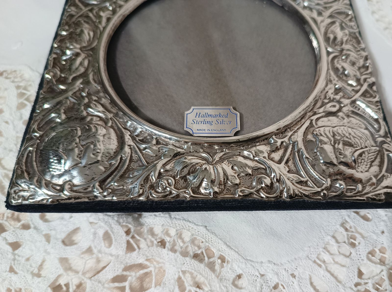 Sterling Silver Photo Frame Freestanding Embossed Cherub Angel Floral Decor. photo for sale