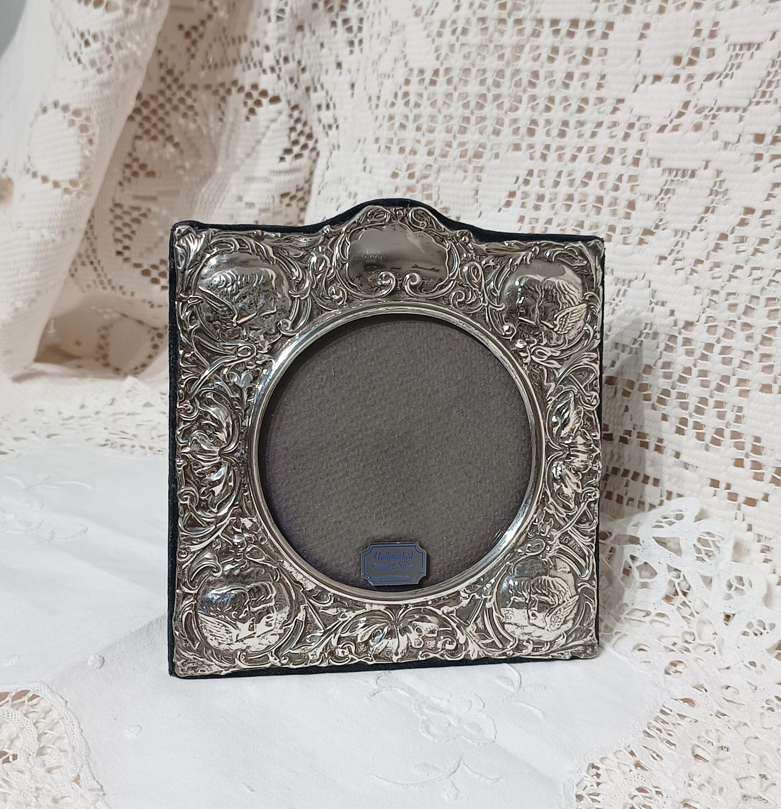 Sterling Silver Photo Frame Freestanding Embossed Cherub Angel Floral Decor. photo buy