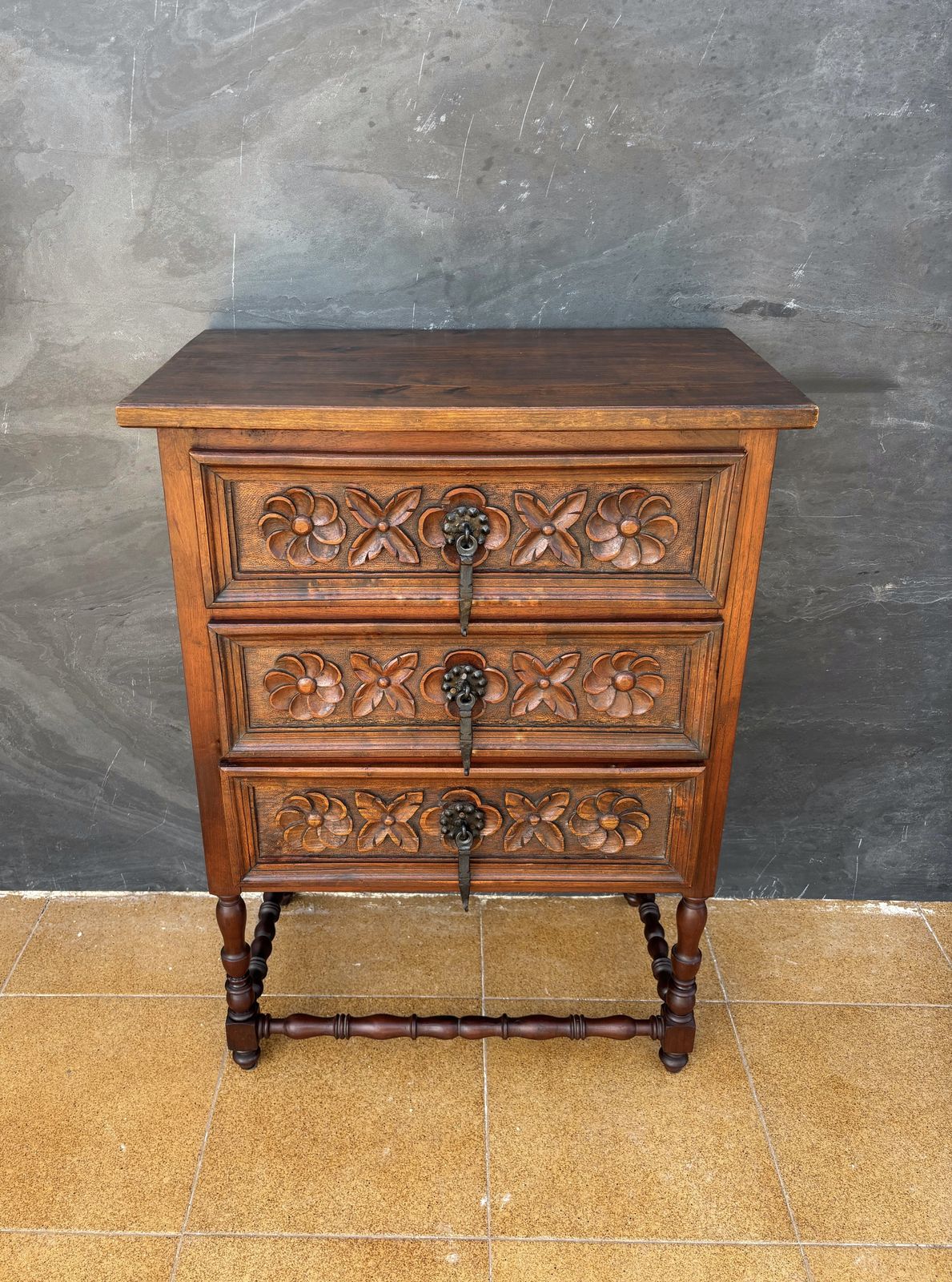 Spanish Renaissance Revival Oak Chest Of Drawers With Carved Floral Fronts, 1930 photo furniture