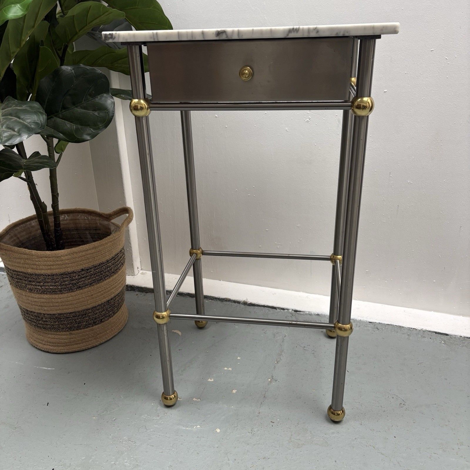 photo buy Vintage French 1970s Chrome, Brass & Marble Bedside Sofa End Side Table