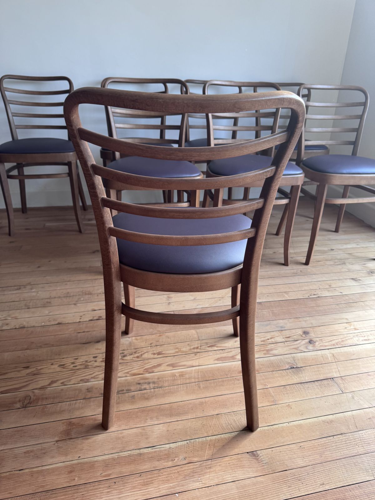 photo for sale Benchmark Mrs B Dining Table In Walnut Designed By Russel Pinch With 8 Leather Upholstered Vienna Dining Chairs
