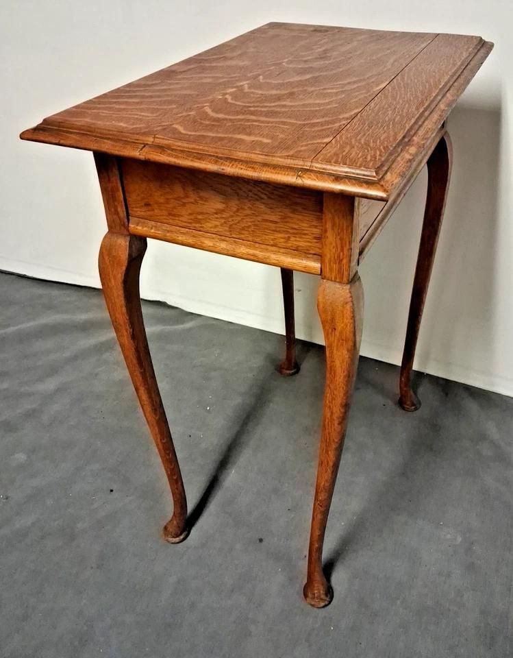 Antique Oak Side Table Stands Proud And Tall On Queen Ann Style Legs photo for sale