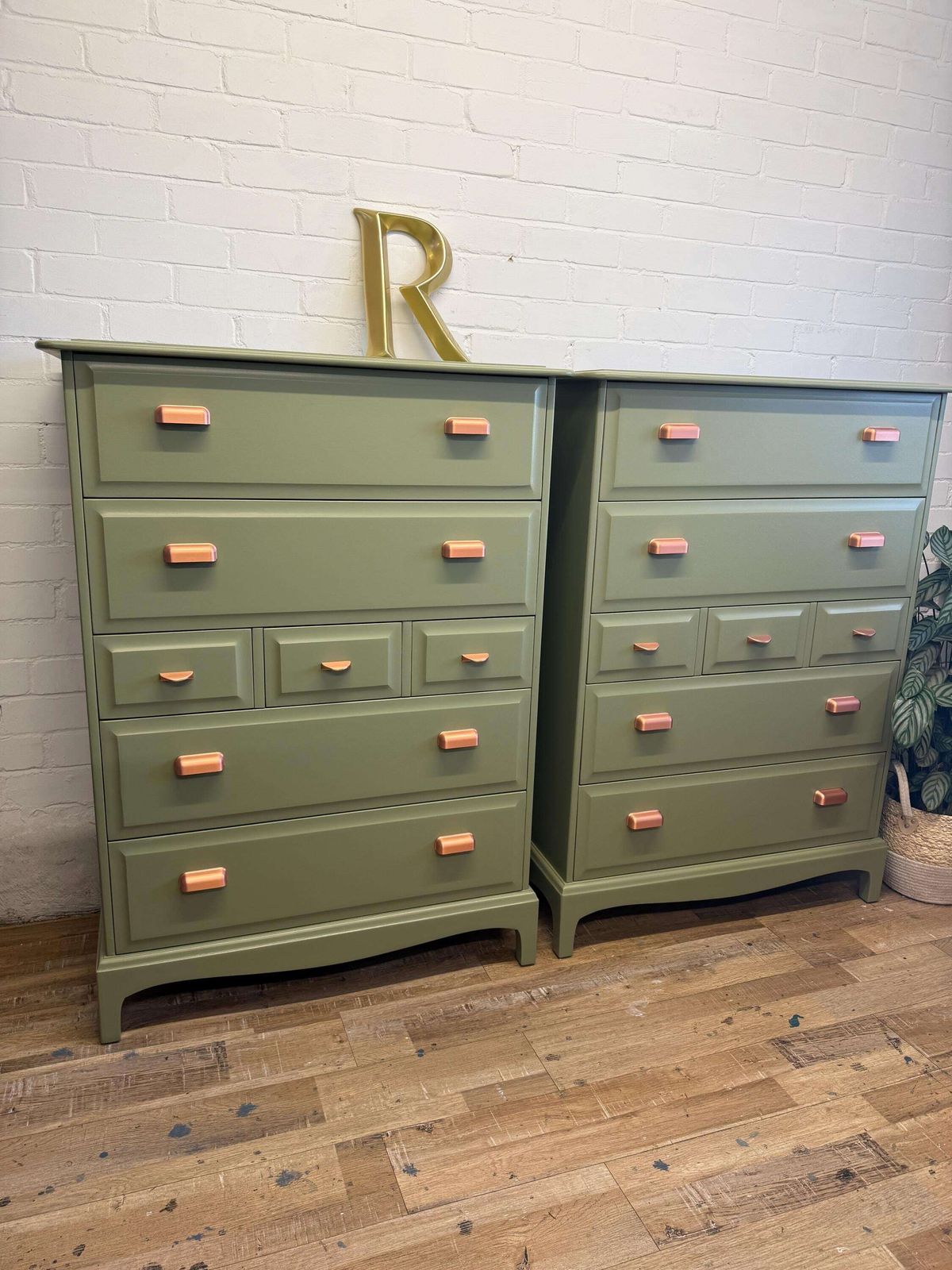 Pair Of Stag Minstrel 7 Drawer Tallboys | Painted To Order In Farrow & Ball Olive photo for sale